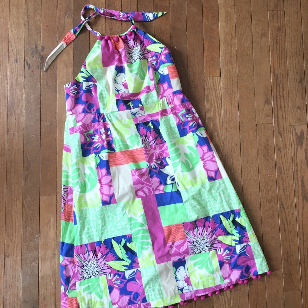 Lilly Pulitzer Halter Dress Patch Pom trim Floral